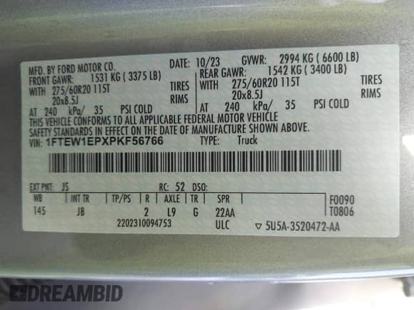 2023 Ford F-150 XL z VIN 1FTEW1EPXPKF56766, wystawiony jako IAAI lot #43070544 z przebiegiem 71 432 mil mil oraz . Historia ofert i sprzedaży dostępna na DreamBid. Obrazek 9.