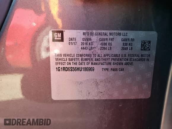 2017 Chevrolet Volt Premier с VIN 1G1RD6S56HU186969, выставлен на аукционе Copart как лот 38251043 с пробегом 115 317 миль миль и . История ставок и продаж доступна на DreamBid. Изображение 12.