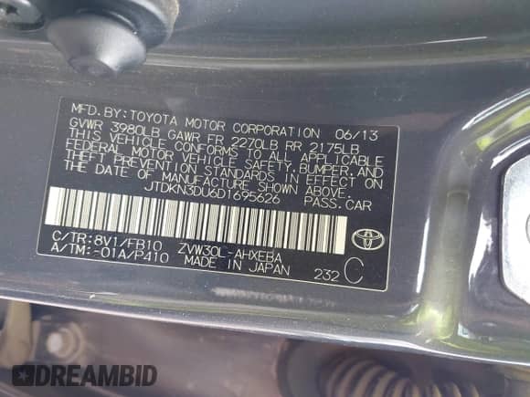 2013 Toyota Prius One with VIN JTDKN3DU6D1695626, listed as a IAAI auction lot 40929278 with 93,920 mi miles and . Bid and sale history available at DreamBid. Image 9.