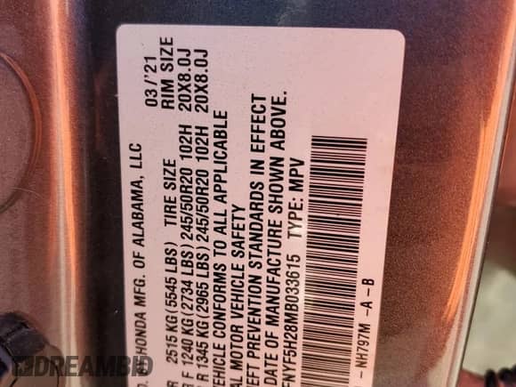 2021 Honda Pilot Special Edition с VIN 5FNYF5H28MB033615, выставлен на аукционе Copart как лот 80956275 с пробегом 48 180 миль миль и Списание • Salvage title. История ставок и продаж доступна на DreamBid. Изображение 13.