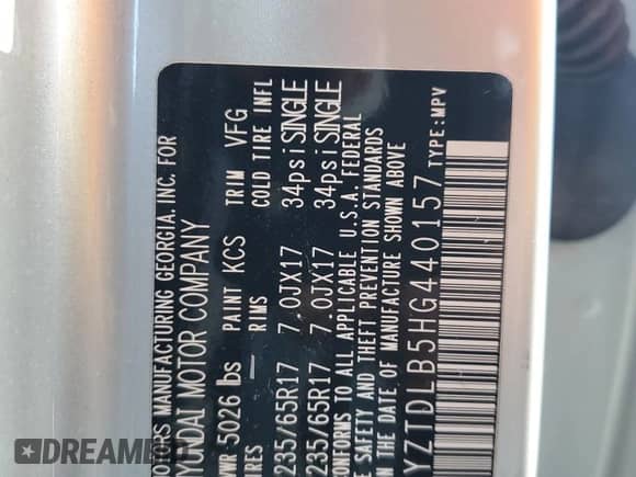 2017 Hyundai Santa Fe 2.4L with VIN 5XYZTDLB5HG440157, listed as a Copart auction lot 82679375 with 78,557 mi miles and Salvage title. Bid and sale history available at DreamBid. Image 13.