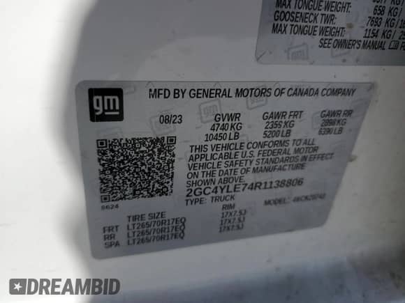 2024 Chevrolet Silverado 2500HD Work Truck с VIN 2GC4YLE74R1138806, выставлен на аукционе Copart как лот 48554225 с пробегом 76 768 миль миль и Списание • Salvage title. История ставок и продаж доступна на DreamBid. Изображение 12.