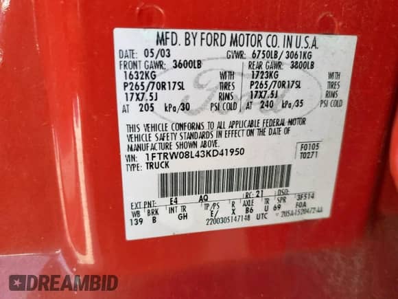 2003 Ford F-150 XLT z VIN 1FTRW08L43KD41950, wystawiony jako Copart lot #85650865 z przebiegiem 159 580 mil mil oraz Czysty tytuł • Clean title. Historia ofert i sprzedaży dostępna na DreamBid. Obrazek 12.