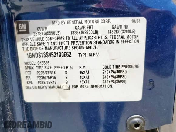 2005 Chevrolet TrailBlazer LS с VIN 1GNDS13S452190662, выставлен на аукционе Copart как лот 65563045 с пробегом 174 627 миль миль и Списание • Salvage title. История ставок и продаж доступна на DreamBid. Изображение 13.