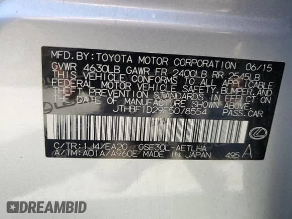 2015 Lexus IS 250 with VIN JTHBF1D29F5078554, listed as a Copart auction lot 80752815 with 105,358 mi miles and Salvage title. Bid and sale history available at DreamBid. Image 12.