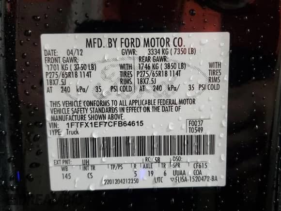 2012 Ford F-150 XLT with VIN 1FTFX1EF7CFB64615, listed as a Copart auction lot 70273095 with 109,661 mi miles and Salvage title. Bid and sale history available at DreamBid. Image 12.