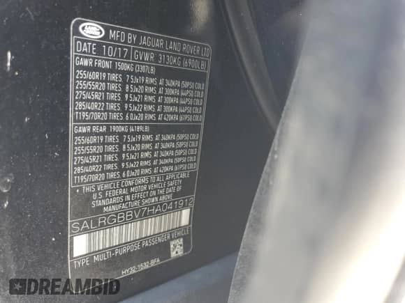 2017 Land Rover Discovery SE с VIN SALRGBBV7HA041912, выставлен на аукционе Copart как лот 57602405 с пробегом 83 514 миль миль и Списание • Salvage title. История ставок и продаж доступна на DreamBid. Изображение 13.