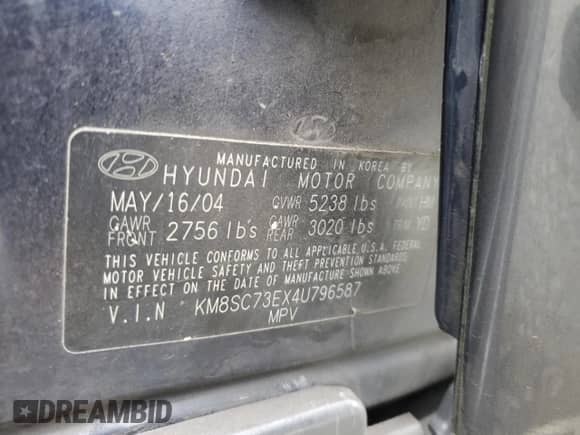 2004 Hyundai Santa Fe GLS с VIN KM8SC73EX4U796587, выставлен на аукционе Copart как лот 59418825 с пробегом 178 267 миль миль и Списание • Salvage title. История ставок и продаж доступна на DreamBid. Изображение 14.