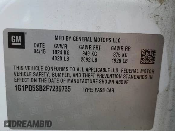 2015 Chevrolet Cruze LT with VIN 1G1PD5SB2F7239735, listed as a Copart auction lot 67326875 with 99,880 mi miles and Salvage title. Bid and sale history available at DreamBid. Image 13.