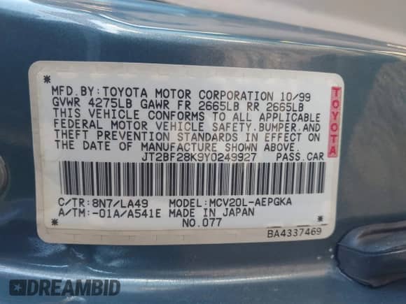 2000 Toyota Camry LE z VIN JT2BF28K9Y0249927, wystawiony jako IAAI lot #43451955 z przebiegiem Nie podano mil oraz . Historia ofert i sprzedaży dostępna na DreamBid. Obrazek 9.