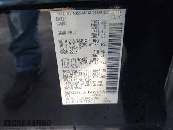 2020 Nissan Murano SV with VIN 5N1AZ2BS0LN148155, listed as a IAAI auction lot 43143147 with 93,970 mi miles and . Bid and sale history available at DreamBid. Image 9.