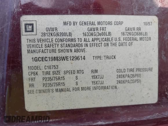 1998 Chevrolet Silverado 1500 with VIN 1GCEC19M3WE129614, listed as a IAAI auction lot 42842421 with 450,953 mi miles and . Bid and sale history available at DreamBid. Image 9.