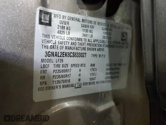2012 Chevrolet Captiva Sport LS с VIN 3GNAL2EK8CS633027, выставлен на аукционе Copart как лот 82594105 с пробегом 148 828 миль миль и Списание • Salvage title. История ставок и продаж доступна на DreamBid. Изображение 13.