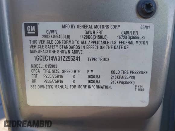 2001 Chevrolet Silverado 1500 with VIN 1GCEC14W31Z296341, listed as a IAAI auction lot 43359515 with 160,697 mi miles and . Bid and sale history available at DreamBid. Image 9.