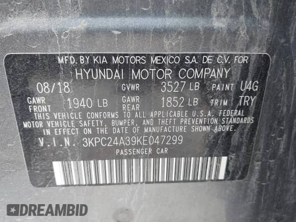 2019 Hyundai Accent SE with VIN 3KPC24A39KE047299, listed as a IAAI auction lot 42469289 with 93,753 mi miles and . Bid and sale history available at DreamBid. Image 9.