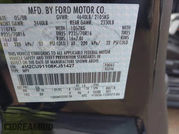 2008 Mercury Mariner with VIN 4M2CU91108KJ51427, listed as a IAAI auction lot 43339990 with 227,044 mi miles and . Bid and sale history available at DreamBid. Image 9.