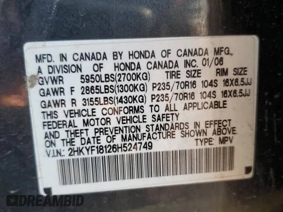 2006 Honda Pilot LX с VIN 2HKYF18126H524749, выставлен на аукционе Copart как лот 69443585 с пробегом 191 002 миль миль и Списание • Salvage title. История ставок и продаж доступна на DreamBid. Изображение 13.