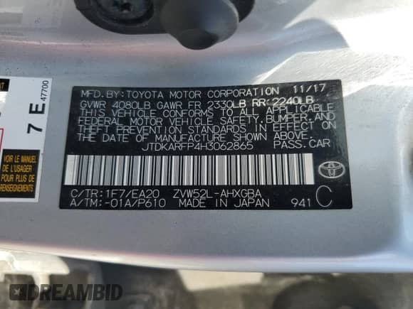 2017 Toyota Prius Premium z VIN JTDKARFP4H3062865, wystawiony jako Copart lot #68693275 z przebiegiem 166 122 mil mil oraz Szkoda całkowita • Salvage title. Historia ofert i sprzedaży dostępna na DreamBid. Obrazek 12.