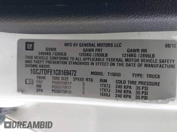 2012 Chevrolet Colorado with VIN 1GCJTDFE1C8169472, listed as a IAAI auction lot 42393578 with 136,050 mi miles and . Bid and sale history available at DreamBid. Image 9.