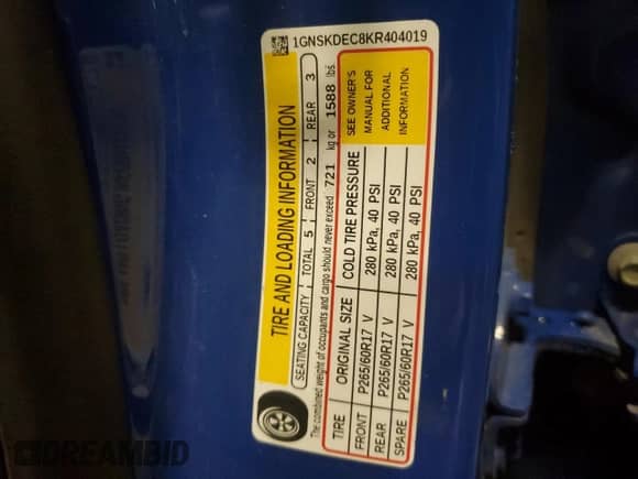 2019 Chevrolet Tahoe Commercial with VIN 1GNSKDEC8KR404019, listed as a Copart auction lot 80195915 with 121,959 mi miles and Clean title. Bid and sale history available at DreamBid. Image 13.