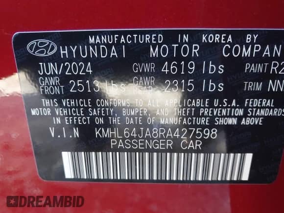 2024 Hyundai Sonata SEL with VIN KMHL64JA8RA427598, listed as a IAAI auction lot 43463812 with 30,486 mi miles and . Bid and sale history available at DreamBid. Image 9.