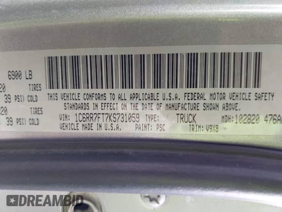 2019 Ram 1500 Express z VIN 1C6RR7FT7KS731059, wystawiony jako IAAI lot #41264070 z przebiegiem 147 444 mil mil oraz . Historia ofert i sprzedaży dostępna na DreamBid. Obrazek 9.