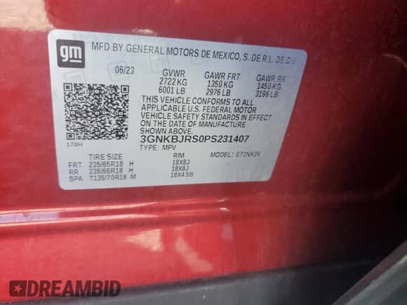 2023 Chevrolet Blazer LT с VIN 3GNKBJRS0PS231407, выставлен на аукционе Copart как лот 54514115 с пробегом 78 132 миль миль и Списание • Salvage title. История ставок и продаж доступна на DreamBid. Изображение 13.