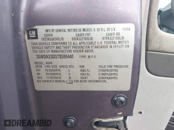 2007 Chevrolet HHR LT с VIN 3GNDA23D37S586440, выставлен на аукционе IAAI как лот 43326811 с пробегом 265 526 миль миль и . История ставок и продаж доступна на DreamBid. Изображение 8.