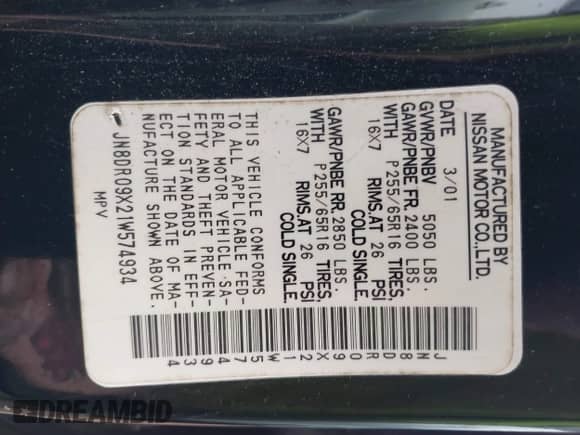 2001 Nissan Pathfinder LE with VIN JN8DR09X21W574934, listed as a IAAI auction lot 41545432 with 285,129 mi miles and . Bid and sale history available at DreamBid. Image 9.