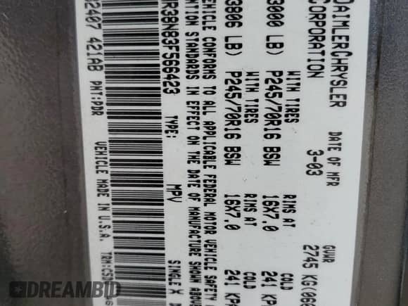 2003 Dodge Durango Sport с VIN 1D4HR38N83F566423, выставлен на аукционе Copart как лот 80450615 с пробегом 132 491 миль миль и Списание • Salvage title. История ставок и продаж доступна на DreamBid. Изображение 13.