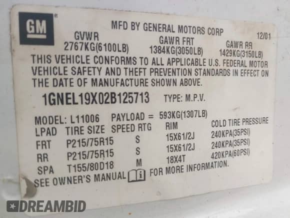 2002 Chevrolet Astro with VIN 1GNEL19X02B125713, listed as a IAAI auction lot 42068969 with 179,754 mi miles and . Bid and sale history available at DreamBid. Image 9.