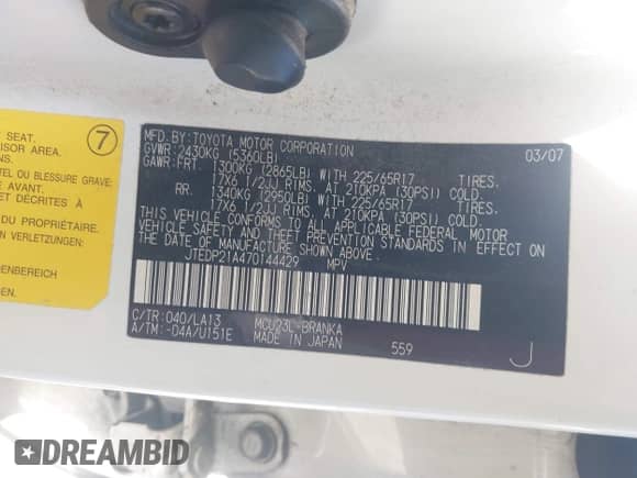 2007 Toyota Highlander w/3rd Row with VIN JTEDP21A470144429, listed as a IAAI auction lot 41954259 with 171,215 mi miles and . Bid and sale history available at DreamBid. Image 9.