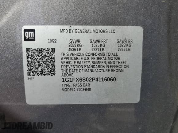 2023 Chevrolet Bolt EV 2LT with VIN 1G1FX6S02P4116060, listed as a Copart auction lot 84952175 with 34,178 mi miles and Salvage title. Bid and sale history available at DreamBid. Image 14.