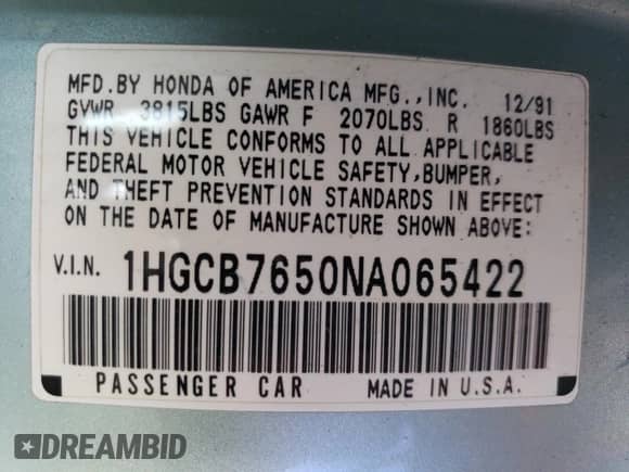 1992 Honda Accord with VIN 1HGCB7650NA065422, listed as a Copart auction lot 54217385 with 153,621 mi miles and Clean title. Bid and sale history available at DreamBid. Image 12.