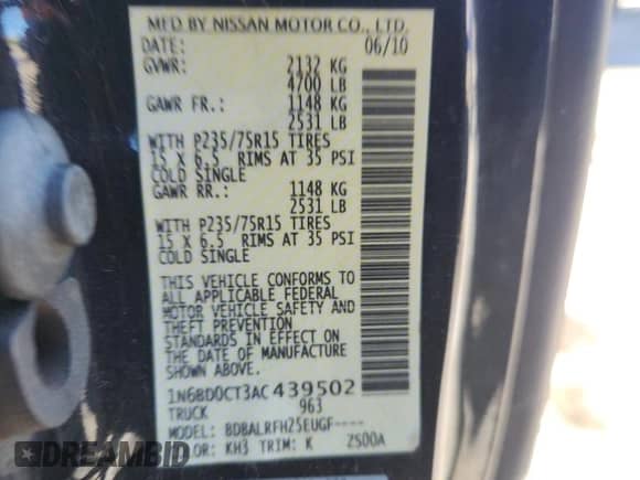 2010 Nissan Frontier SE with VIN 1N6BD0CT3AC439502, listed as a Copart auction lot 86537415 with Not provided miles and Salvage title. Bid and sale history available at DreamBid. Image 13.