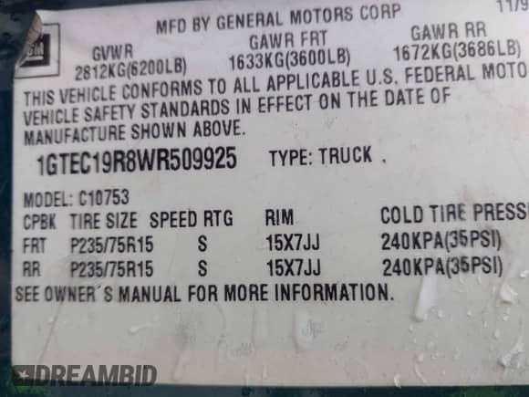 1998 GMC Sierra 1500 с VIN 1GTEC19R8WR509925, выставлен на аукционе IAAI как лот 42080610 с пробегом 239 657 миль миль и . История ставок и продаж доступна на DreamBid. Изображение 9.