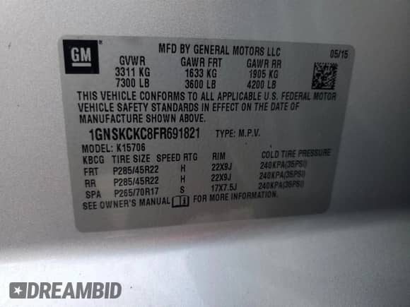 2015 Chevrolet Tahoe LTZ with VIN 1GNSKCKC8FR691821, listed as a Copart auction lot 69570275 with 177,004 mi miles and Clean title. Bid and sale history available at DreamBid. Image 13.