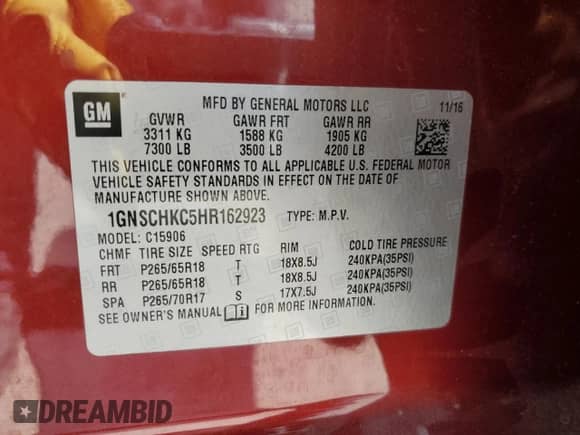 2017 Chevrolet Suburban LT с VIN 1GNSCHKC5HR162923, выставлен на аукционе Copart как лот 67236355 с пробегом 108 965 миль миль и Списание • Salvage title. История ставок и продаж доступна на DreamBid. Изображение 14.