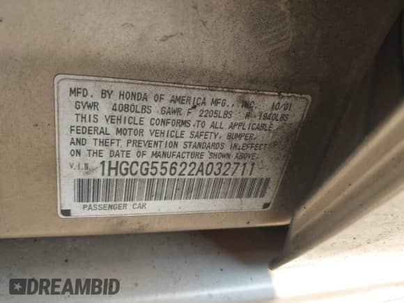 2002 Honda Accord EX with VIN 1HGCG55622A032711, listed as a IAAI auction lot 42417285 with 263,298 mi miles and . Bid and sale history available at DreamBid. Image 9.