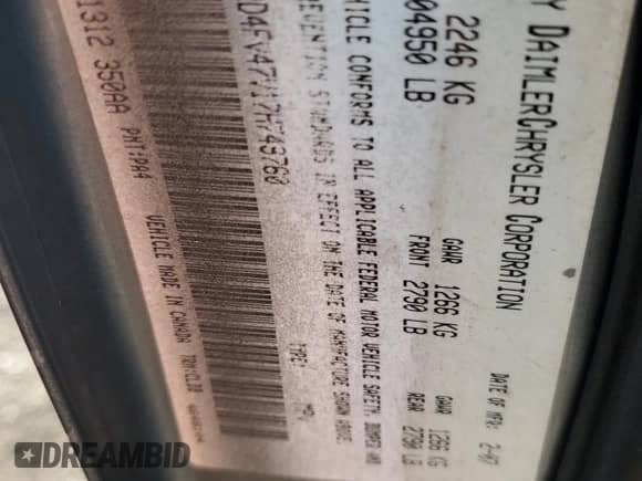 2007 Dodge Magnum with VIN 2D4FV47V17H749760, listed as a Copart auction lot 87010285 with Not provided miles and Salvage title. Bid and sale history available at DreamBid. Image 12.
