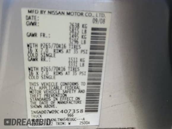 2009 Nissan Frontier SE с VIN 1N6AD07W09C407358, выставлен на аукционе Copart как лот 62957235 с пробегом 147 079 миль миль и Списание • Salvage title. История ставок и продаж доступна на DreamBid. Изображение 12.