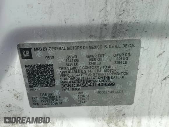 2018 Chevrolet Trax LS z VIN 3GNCJKSB4JL409599, wystawiony jako Copart lot #71651735 z przebiegiem 115 507 mil mil oraz Czysty tytuł • Clean title. Historia ofert i sprzedaży dostępna na DreamBid. Obrazek 13.