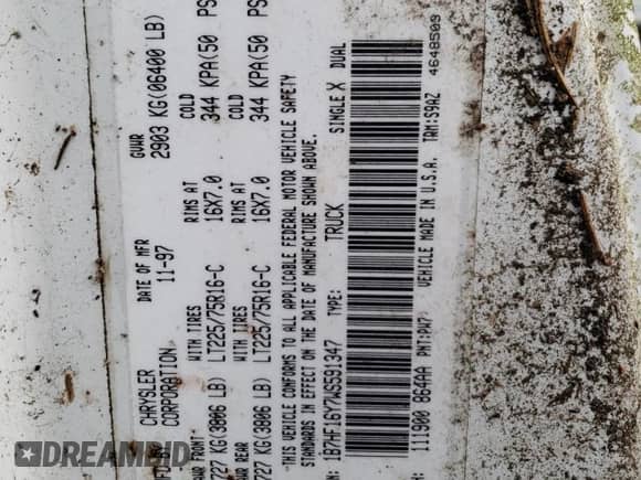 1998 Dodge 1500 z VIN 1B7HF16Y7WS591347, wystawiony jako Copart lot #73014624 z przebiegiem Nie podano mil oraz Czysty tytuł • Clean title. Historia ofert i sprzedaży dostępna na DreamBid. Obrazek 12.