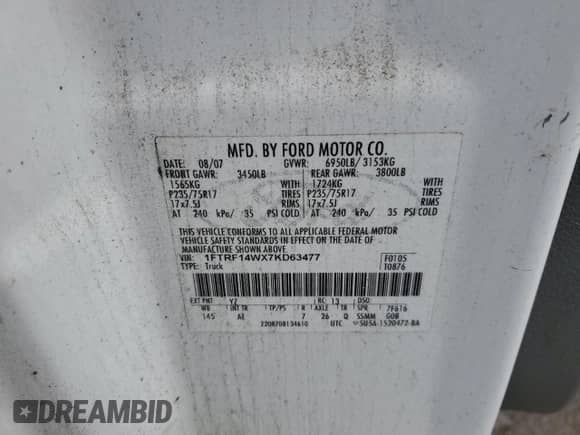 2007 Ford F-150 XL with VIN 1FTRF14WX7KD63477, listed as a Copart auction lot 50843665 with 117,667 mi miles and Clean title. Bid and sale history available at DreamBid. Image 14.