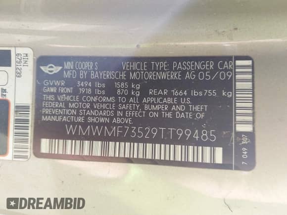 2009 MINI Hardtop S с VIN WMWMF73529TT99485, выставлен на аукционе IAAI как лот 43543003 с пробегом 101 131 миль миль и . История ставок и продаж доступна на DreamBid. Изображение 9.