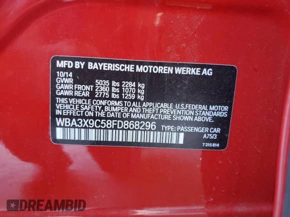 2015 BMW 3 Series 335i Gran Turismo xDrive with VIN WBA3X9C58FD868296, listed as a Copart auction lot 69021815 with 77,043 mi miles and Salvage title. Bid and sale history available at DreamBid. Image 12.