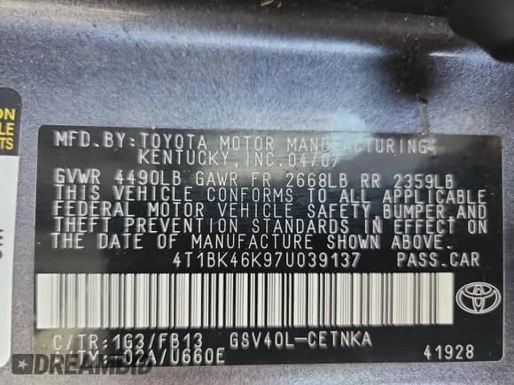 2007 Toyota Camry LE with VIN 4T1BK46K97U039137, listed as a Copart auction lot 71780925 with 213,494 mi miles and Salvage title. Bid and sale history available at DreamBid. Image 12.