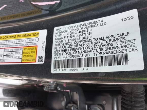 2024 Honda Accord EX-L z VIN 1HGCY2F60RA031383, wystawiony jako IAAI lot #42665989 z przebiegiem 14 366 mil mil oraz . Historia ofert i sprzedaży dostępna na DreamBid. Obrazek 9.