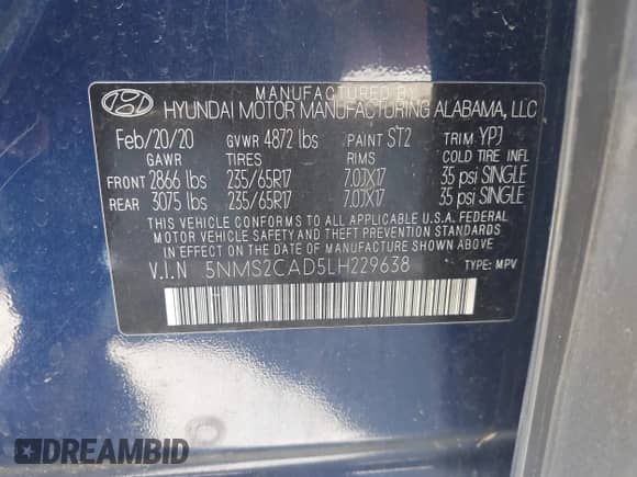 2020 Hyundai Santa Fe SE with VIN 5NMS2CAD5LH229638, listed as a IAAI auction lot 43171267 with 126,613 mi miles and . Bid and sale history available at DreamBid. Image 9.