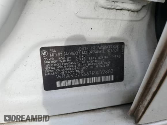 2007 BMW 3 Series 335i z VIN WBAVB73567PA89882, wystawiony jako Copart lot #86716405 z przebiegiem 210 385 mil mil oraz Szkoda całkowita • Salvage title. Historia ofert i sprzedaży dostępna na DreamBid. Obrazek 12.